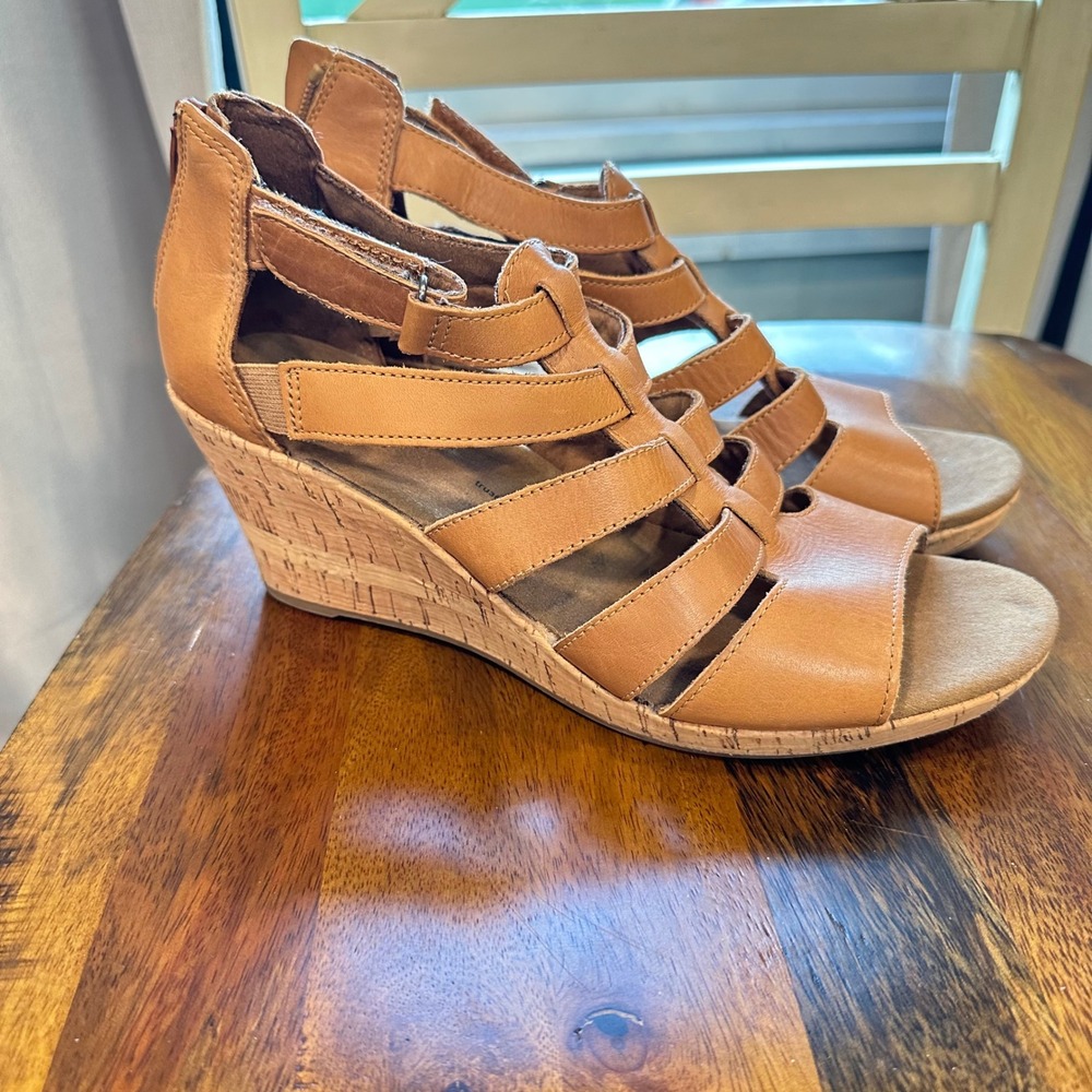 Rockport Wedge Sandals Women 8.5 Tan Leather Strappy Cork Heel Comfort Summer